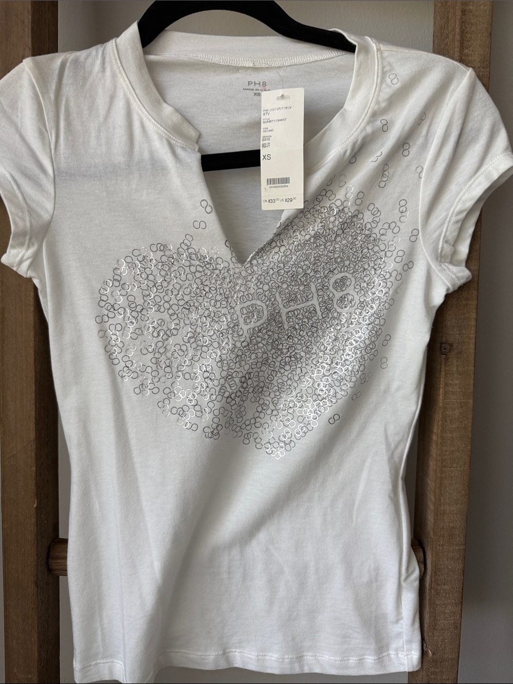 PH8 White Short Sleeve V-Neck Tee with Silver Heart Motif
